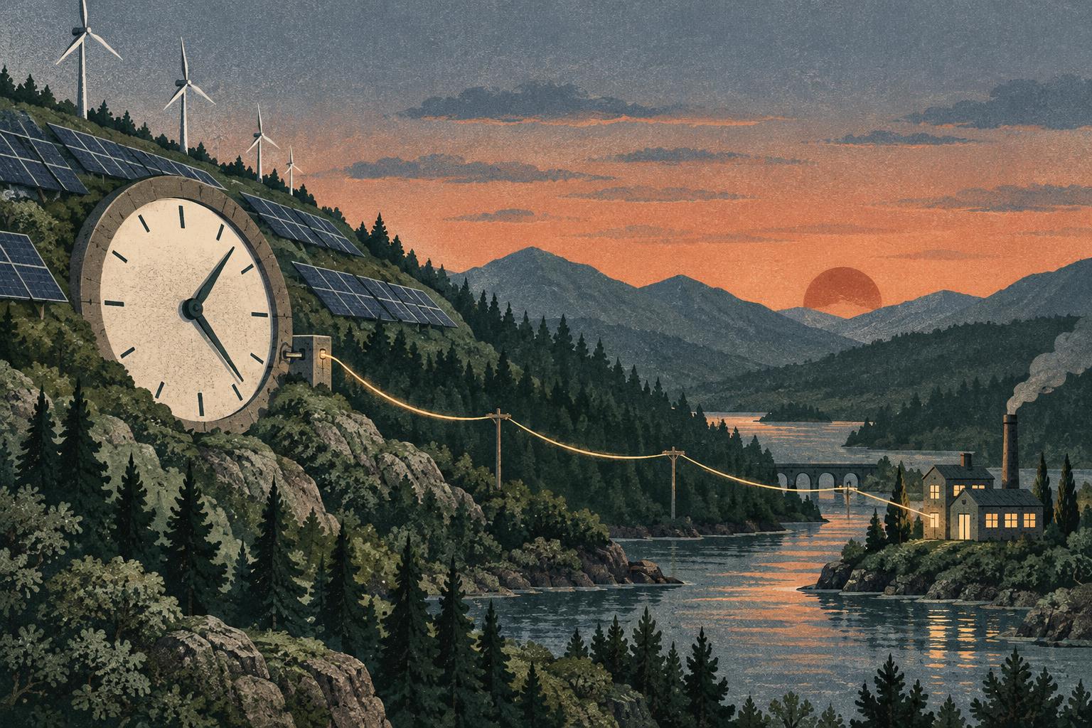 Illustration: a large clock face set into a hillside covered with solar panels and wind turbines at dusk, with a single power line running from it acro…