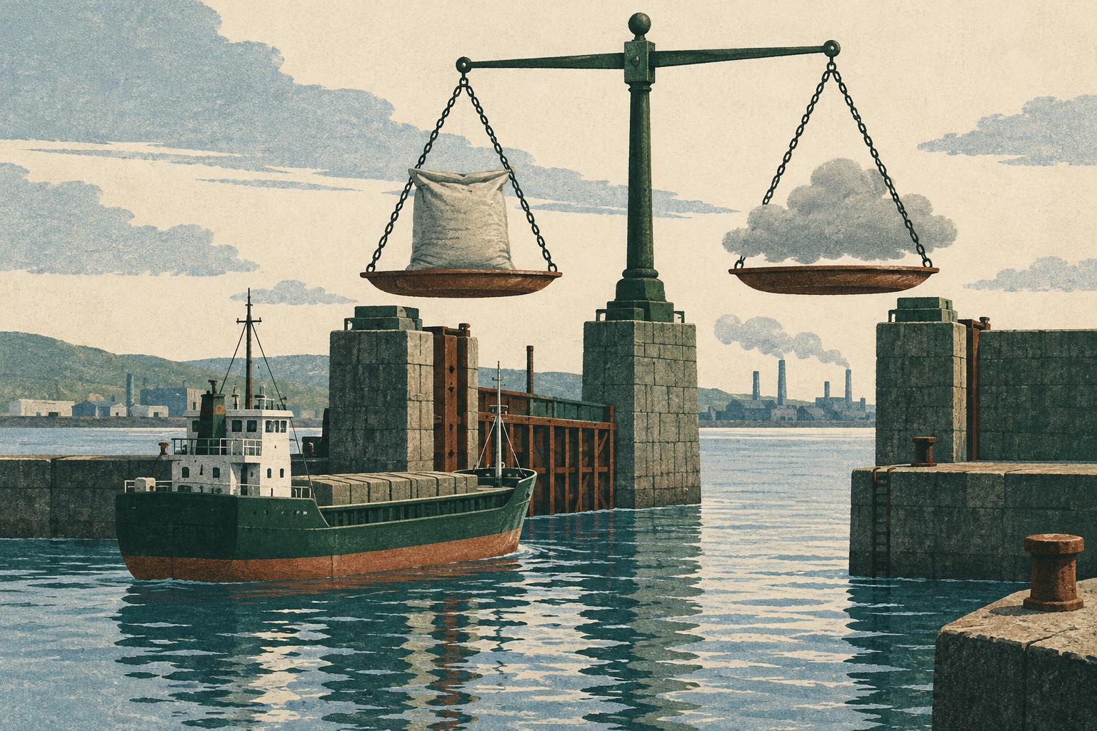 Illustration: a small cargo ship at a harbour gate where a large set of scales weighs a sack of cement against a thin grey cloud, with low factory chim…